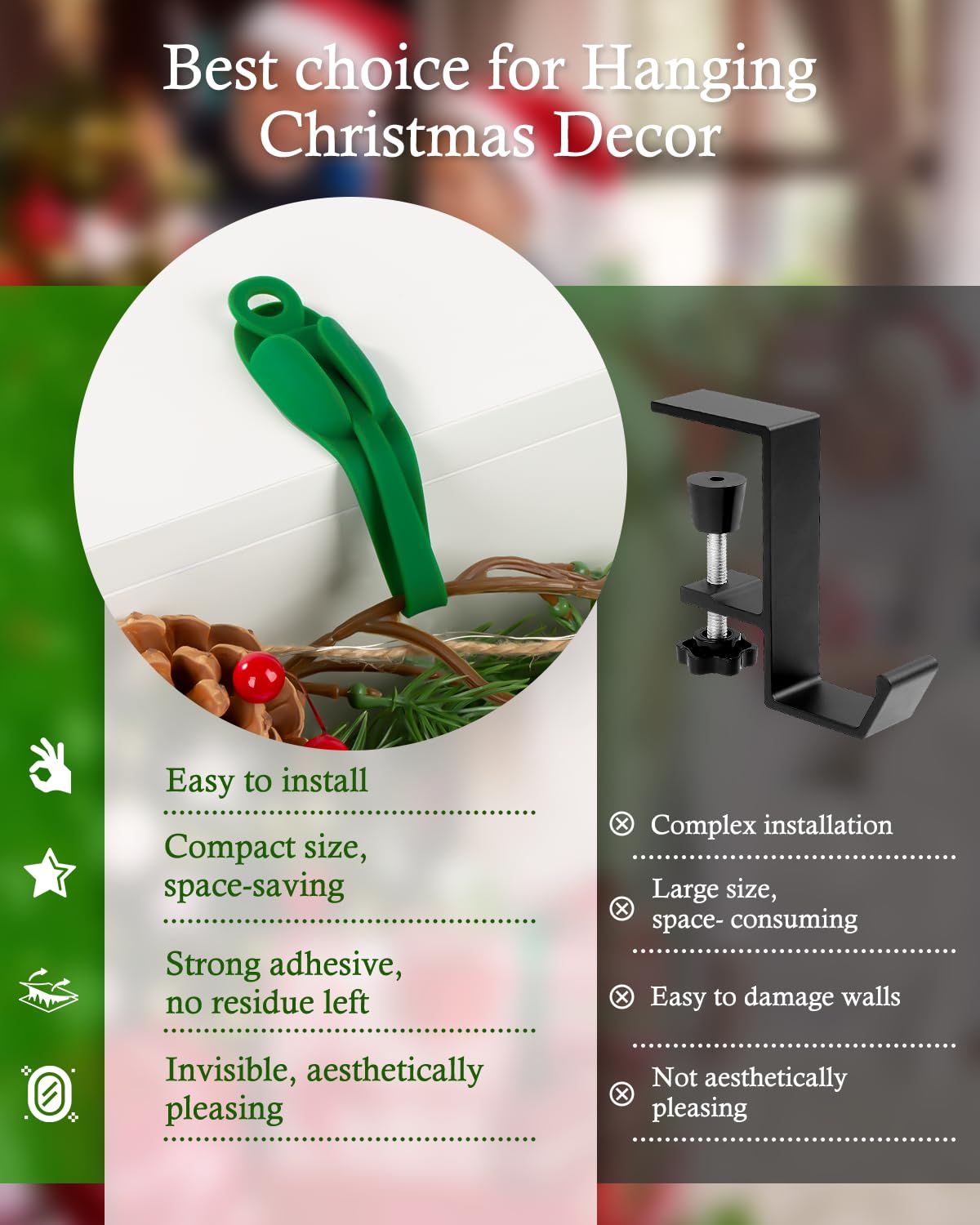 Duseu 20 Pcs Christmas Garland Ties, Garland Hangers for Mantle, Fireplace Stocking and Wreath Hanger Hooks Silicone Adhesive Straps Holder for Door Frame