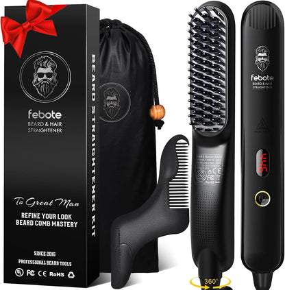 Heated Ionic Hair Straightening Brush for Men - 5 Temperature Settings, Anti-Scald, Beard Shaper & Travel Bag