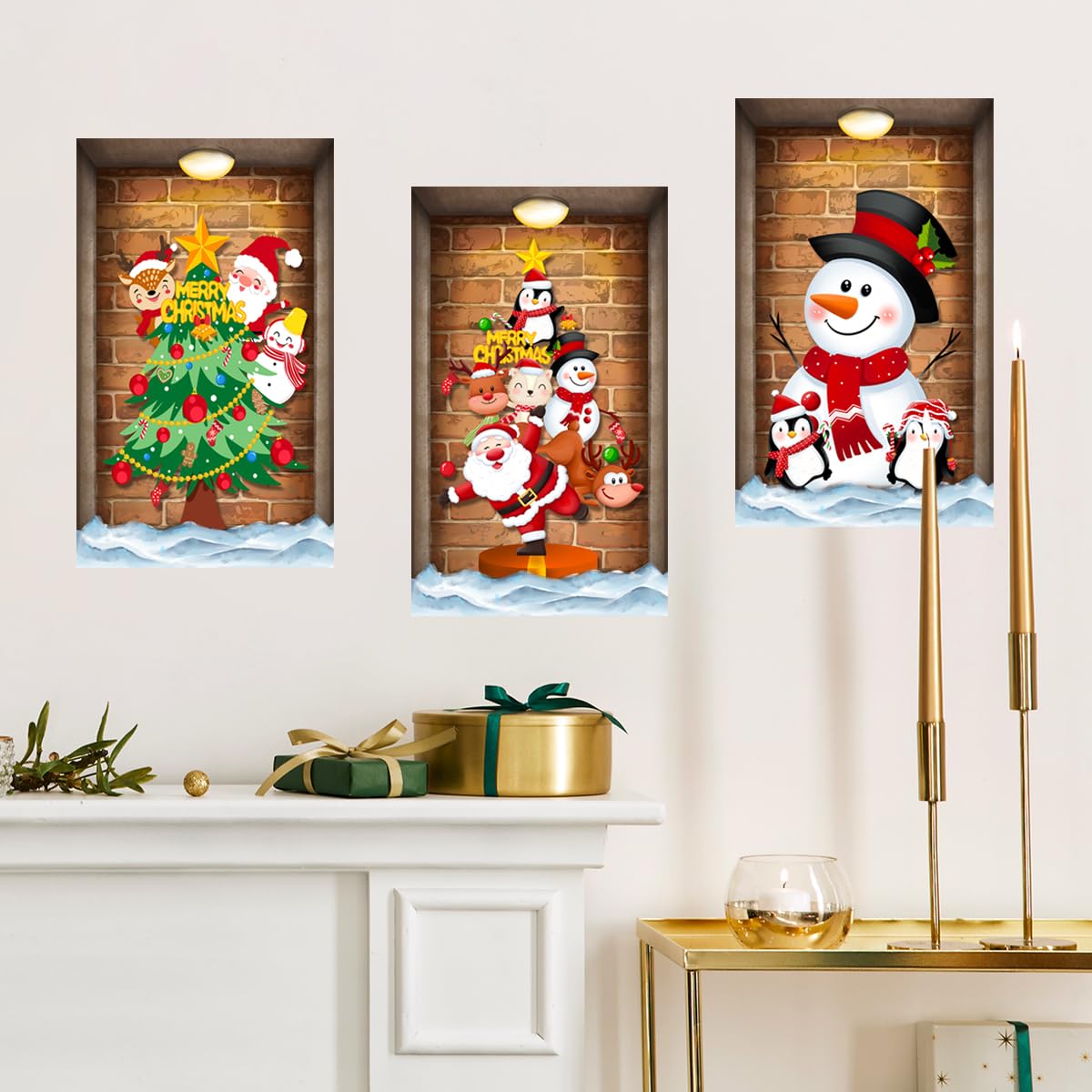 3 Pcs Christmas Wall Decals Christmas Tree Snowman Santa Claus Faux Closet Wall Stickers 3D Realistic Wall Art Mural for Xmas Holiday Festival Party Supplie