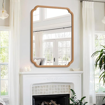 Wood Bathroom Mirror for Over Sink, 30" x 40" Modern Rounded Corner Rectangle Wall Mirror for Bathroom Vanity Decorative with Rustic Wooden Framed (Horizontal/Vertical)