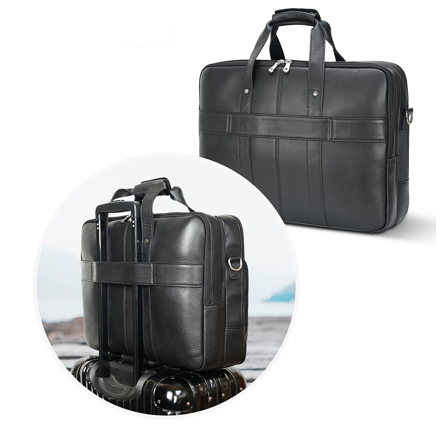 Polare X-Large 18" Napa Leather Briefcase For Men Business Travel Case Messenger Bag Fits 17.3" Laptop (Black)