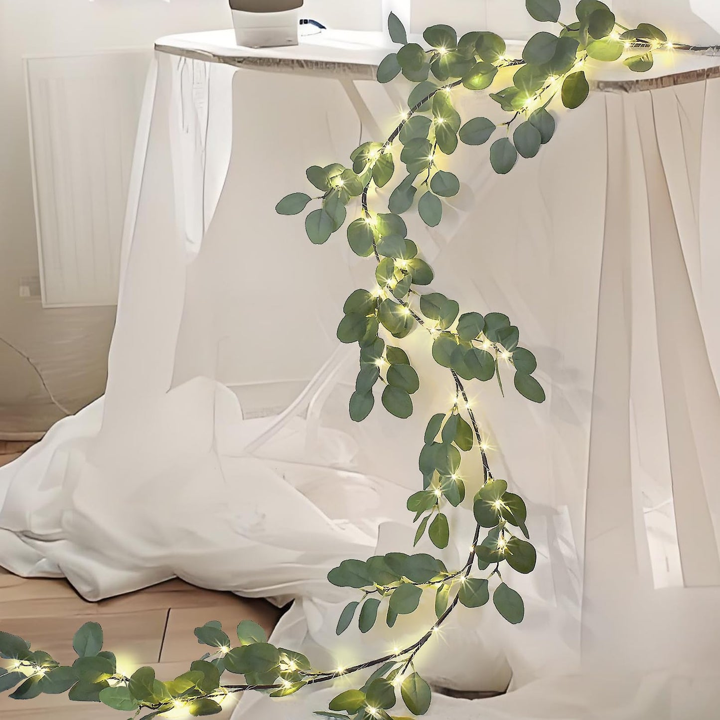 6.56FT Eucalyptus Garland with Lights 96 LEDs 8 Modes Battery Operated with Timer Faux Twig Vine Lights Spring Greenery Garlands for Mantle Fireplace Wall Table Stairs Wedding Party Bedroom Home Decor