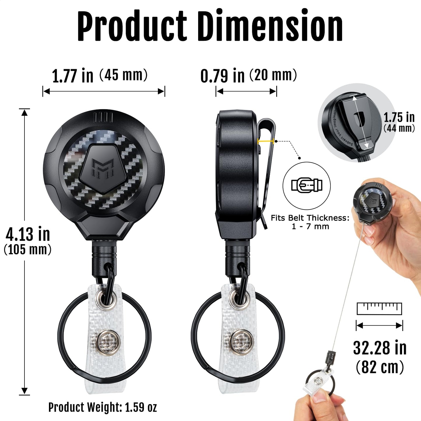 MNGARISTA Upgraded Heavy Duty Retractable Keychain with Belt Clip, 10 OZ Retraction, 31.5" Stainless Steel Cord Key Chain, 3K Carbon Fiber ID Badge Reel Holder with Badge Strap and Key Ring, 2 Pack