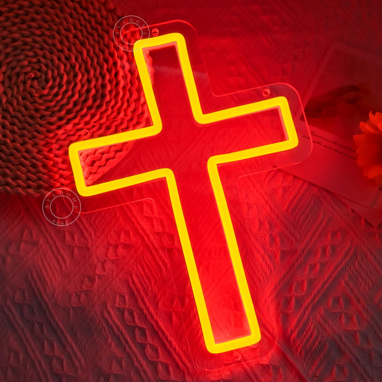 SYLHOME Cross Led Neon Light Sign Kids Bedroom Nursery Wall Sign Decor Christening Baby Shower Wedding Birthday Christmas Party Backdrop 11.8" X 8.66" USB Red