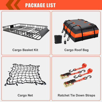 MeeFar Roof Rack Carrier Basket Universal Rooftop 65" X 39" X 6" Large Size Roof Rack + Waterproof Bag 20 Cubic Feet (51" 40" 17"), and Cargo Net with Attachment Hooks, Ratchet Straps