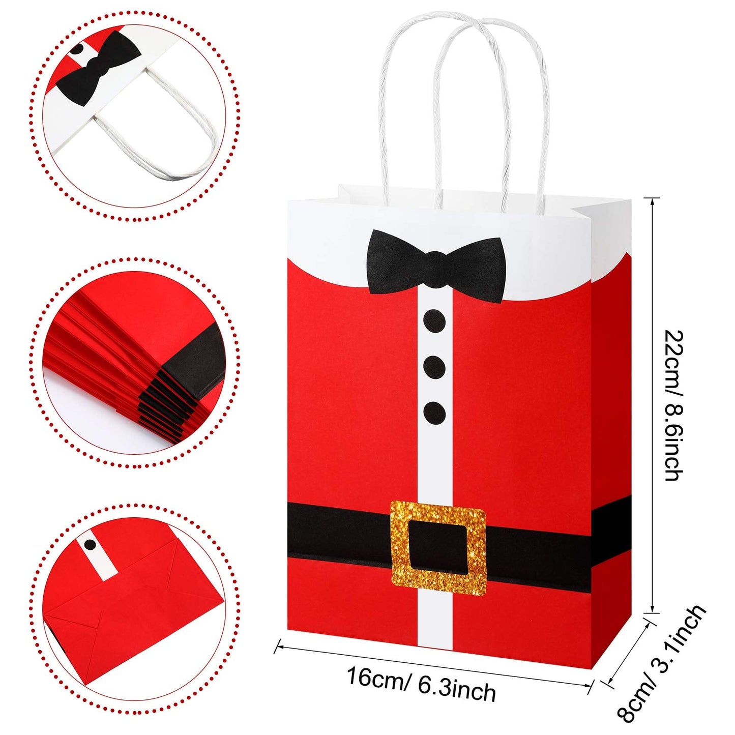 16 Large Santa Clause Suit Print Bags with Handle, Durable Kraft Paper Present Wrapping Bags for Xmas Party Supplies, 6.3 x 3.1 x 8.7 Inches