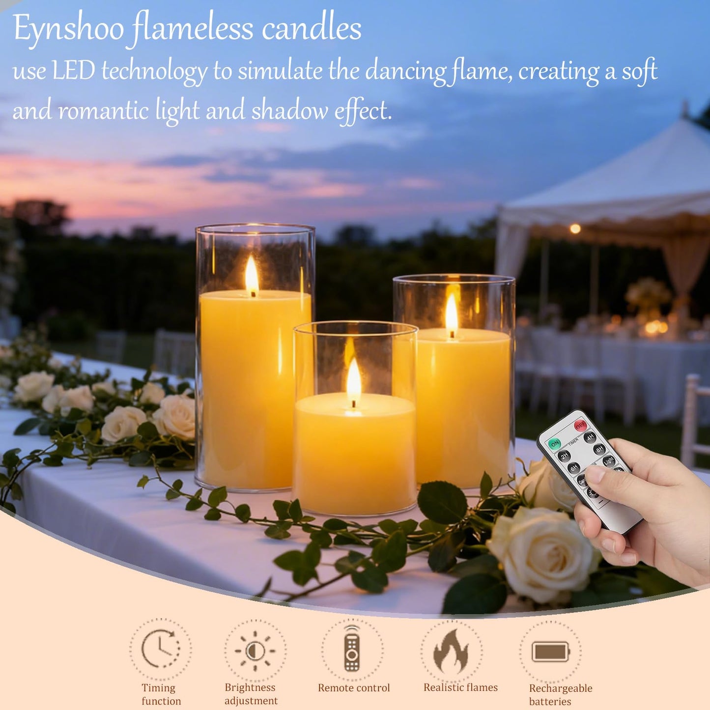 Eynshoo 3-Pack Rechargeable Flameless Candles with Remote & Timer, Flickering LED Candles for Living Room, Fireplace, TV Stand & Bedroom Night Light, Holiday Party Decor, Housewarming Gift (Yellow)