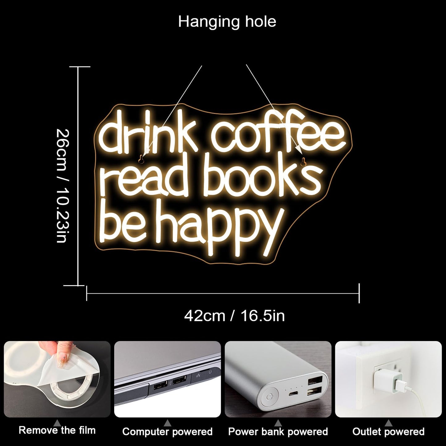 Looklight Drink Coffee Read Books Be Happy Neon Sign Warm White Read Books Led Neon Light for Wall Decor Dimmable USB Neon Light Up Signs for Classroom Coffee Shop Bookstore Library Museum Study Room