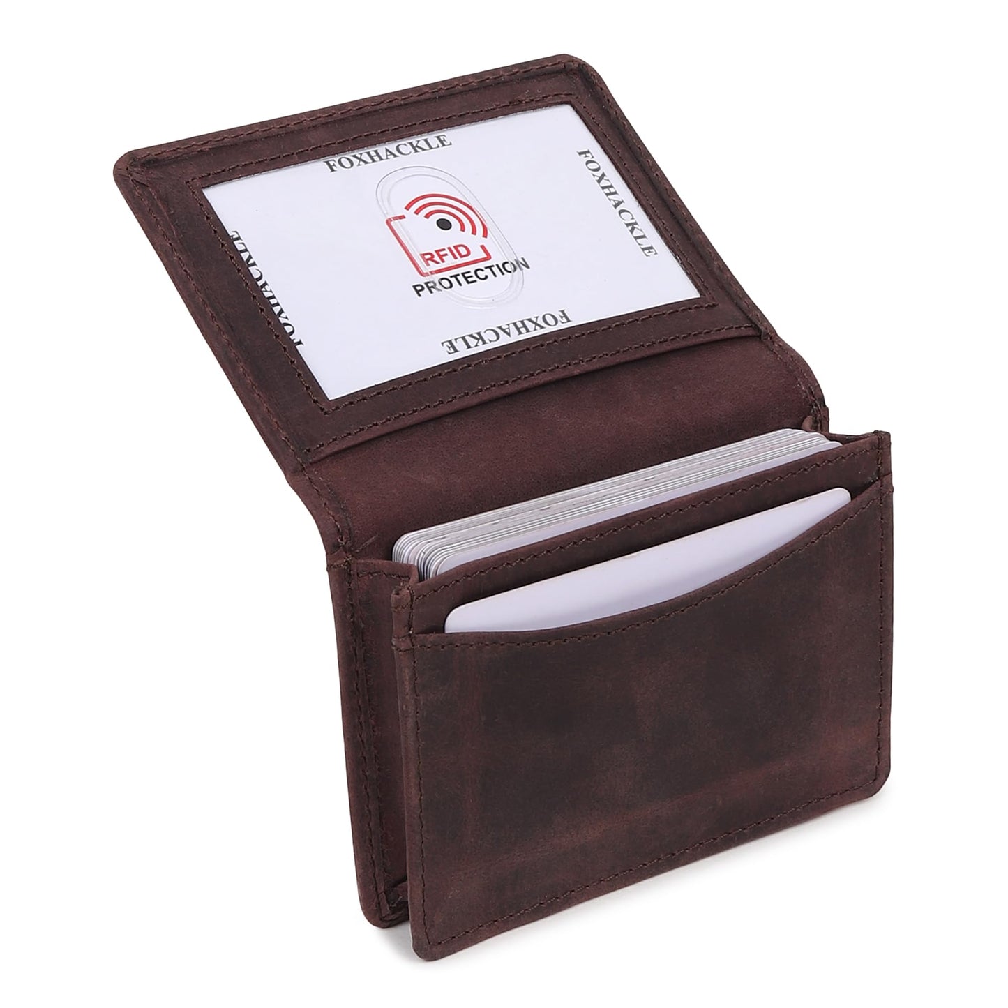 FOXHACKLE Full Grain Leather Credit Card Holder For Men and Women, Small RFID Blocking Bifold Wallet (With ID Slot, Hunter Coffee Brown)