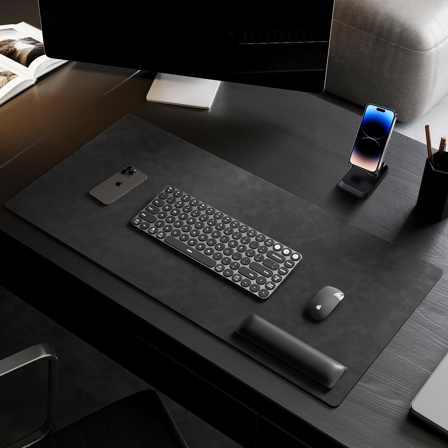 Leather 15.7"x 31.5" Desk pad for Computer and laptops, Ideal for Gaming and Office use, Large Mouse pad and Keyboard mat,Desk mat Special for man. A complimentary Wrist pad and Phone Stand.(Black)