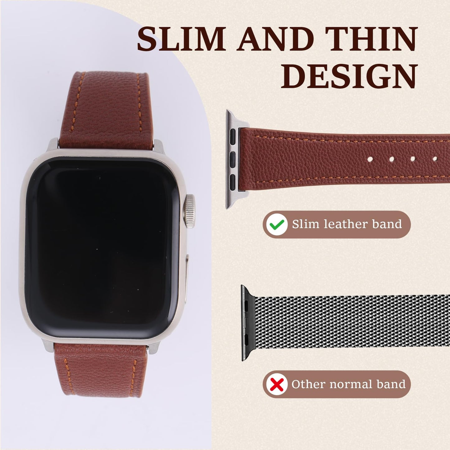 Soft French Goatskin Women's Leather Watch Band Compatible with Apple Watch 38mm 40mm 41mm 42mm 44mm 45mm 46mm 49mm, Slim Lightweight Leather Strap for iWatch Series Ultra SE11 10 9 8 7 6 5 4 3 2 1