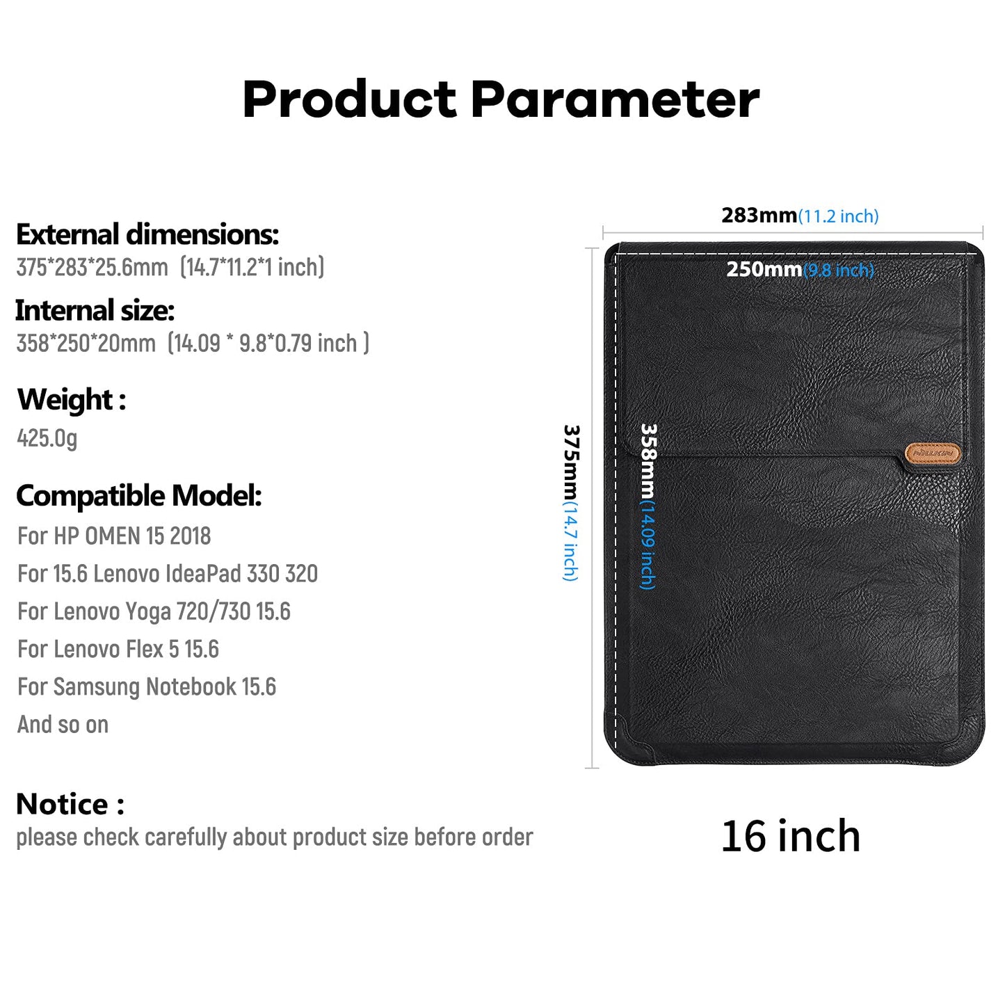 Nillkin Laptop Sleeve PU Leather for Razer 15" 15.6 Inch Acer Aspire 5, for HP Notebook 2020 Dell 15.6 Asus VivoBook 15 for Lenovo Samsung Laptop Chromebook, Notebook Bag Case Snag-Free Velcro…