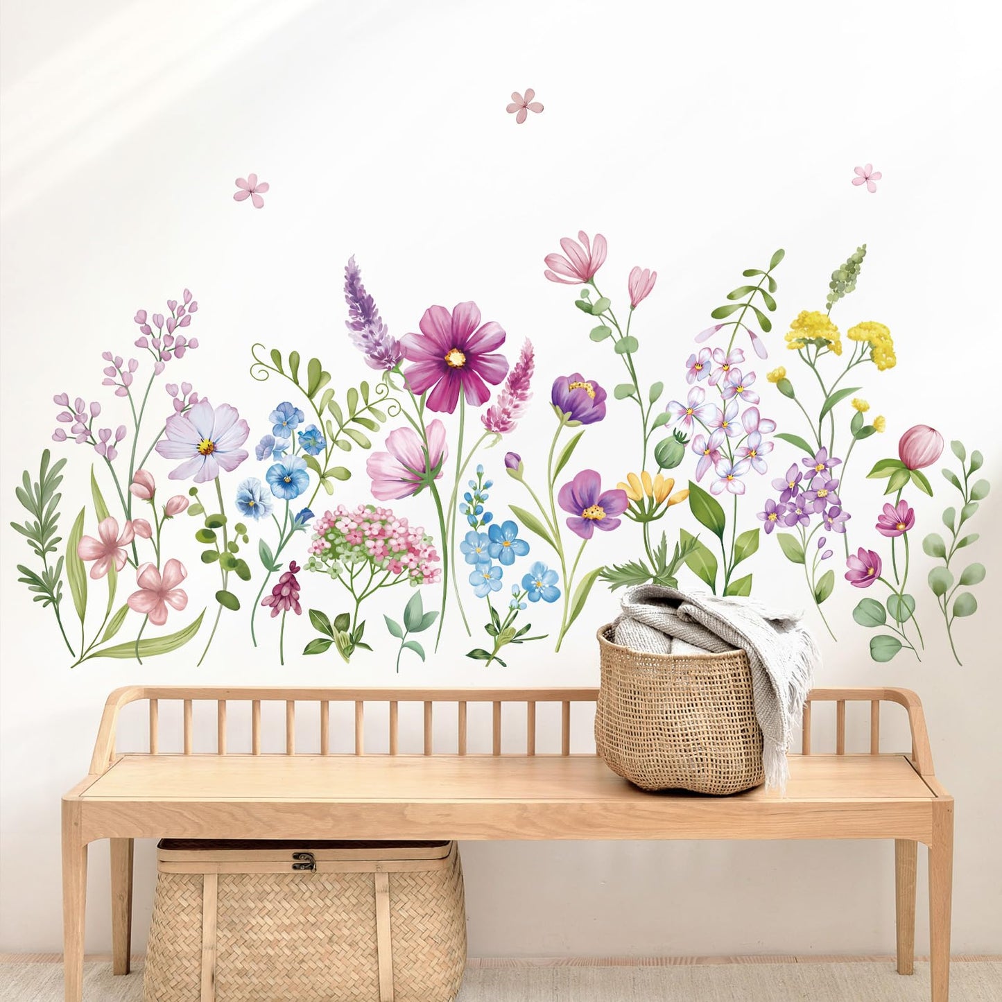wondever Purple Wildflower Wall Stickers Garden Flower Daisy Floral Botanical Wall Art Decals for Bedroom Living Room Sofa