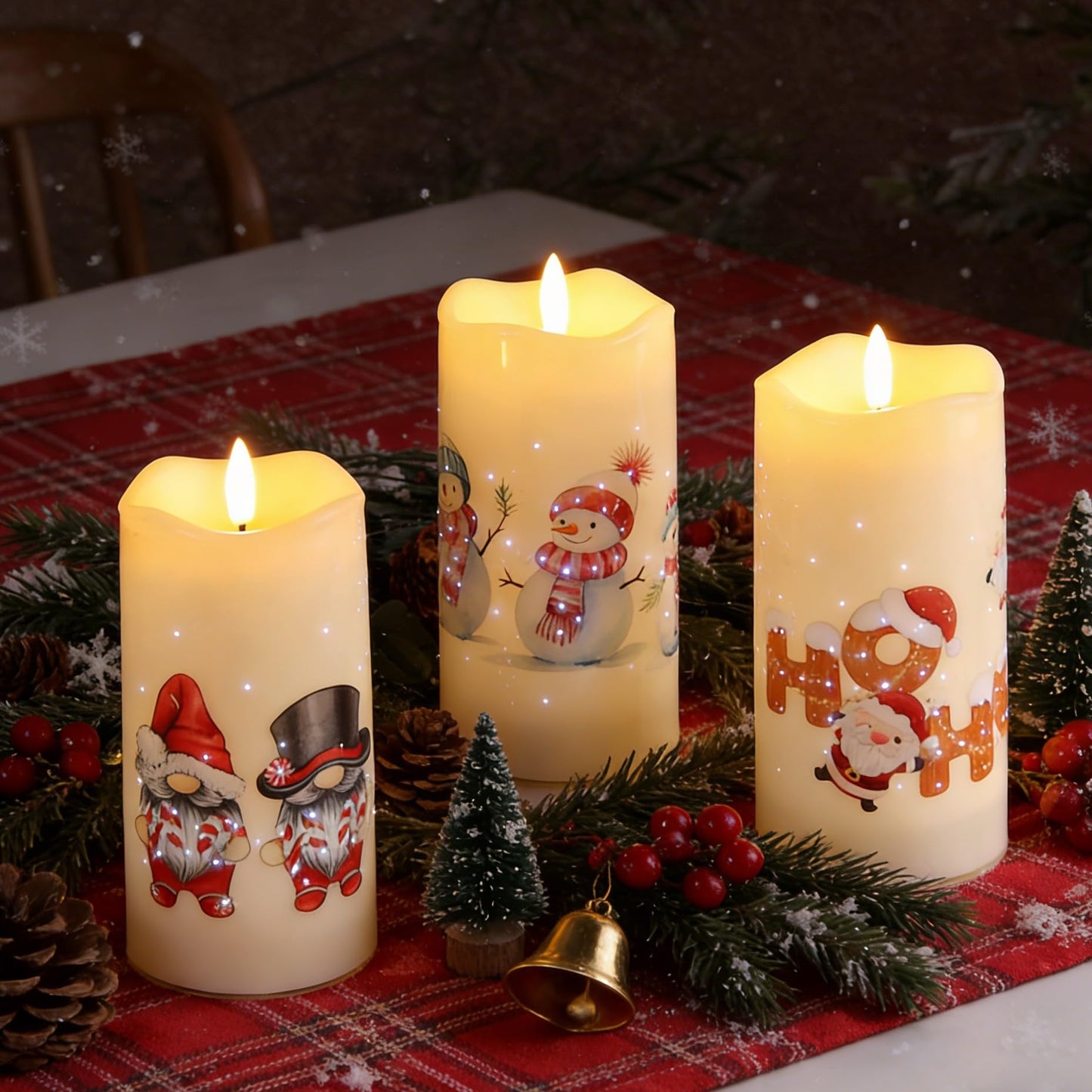 Eywamage Christmas Fiber Optic Flameless Pillar Candles with Remote, Santa Snowman Gnomes LED Battery Candles Holiday Winter Decor Set of 3