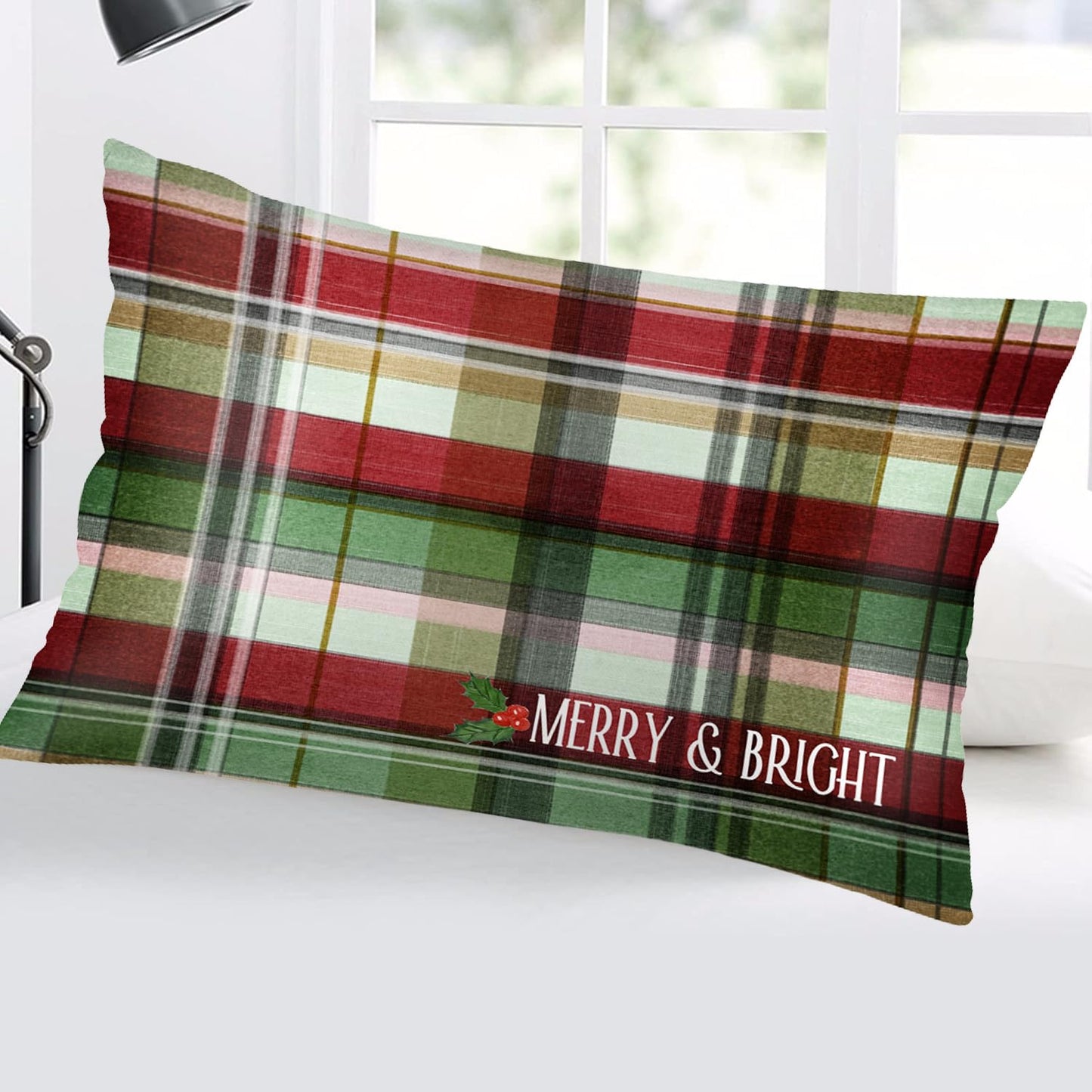 Easternproject Merry & Bright Christmas Buffalo Plaid Checkered Standard Pillowcases 20x26 Inch Double Sided Red Green Scottish Tartan Pillow Case Xmas Holly Berry Sleeping Throw Pillow Covers for Bed
