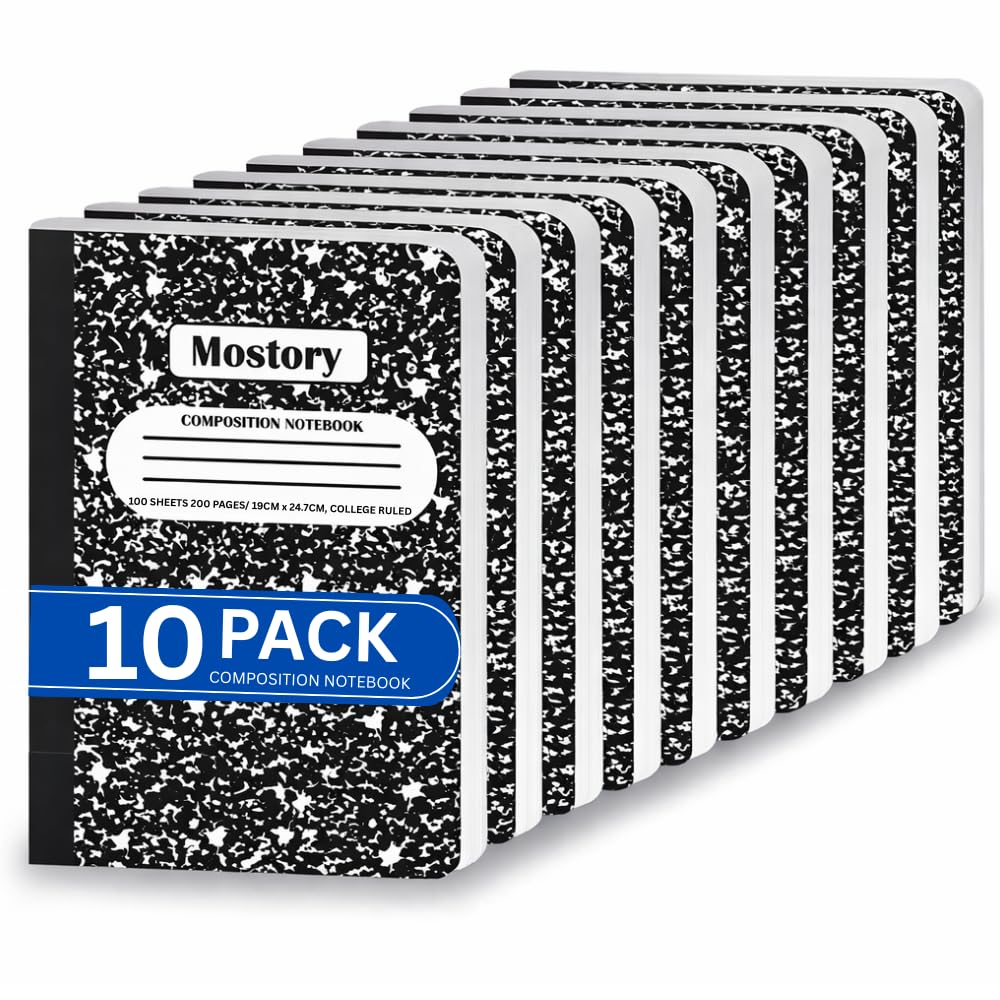 MOSTORY Pack of 10 Composition Notebook - College Ruled 200 Pages (100 Sheets), Size 7.5" x 9.75", Bulk School Supplies, Office, Bulk Notebooks for School, Writing Journal Notebook with Lined Paper
