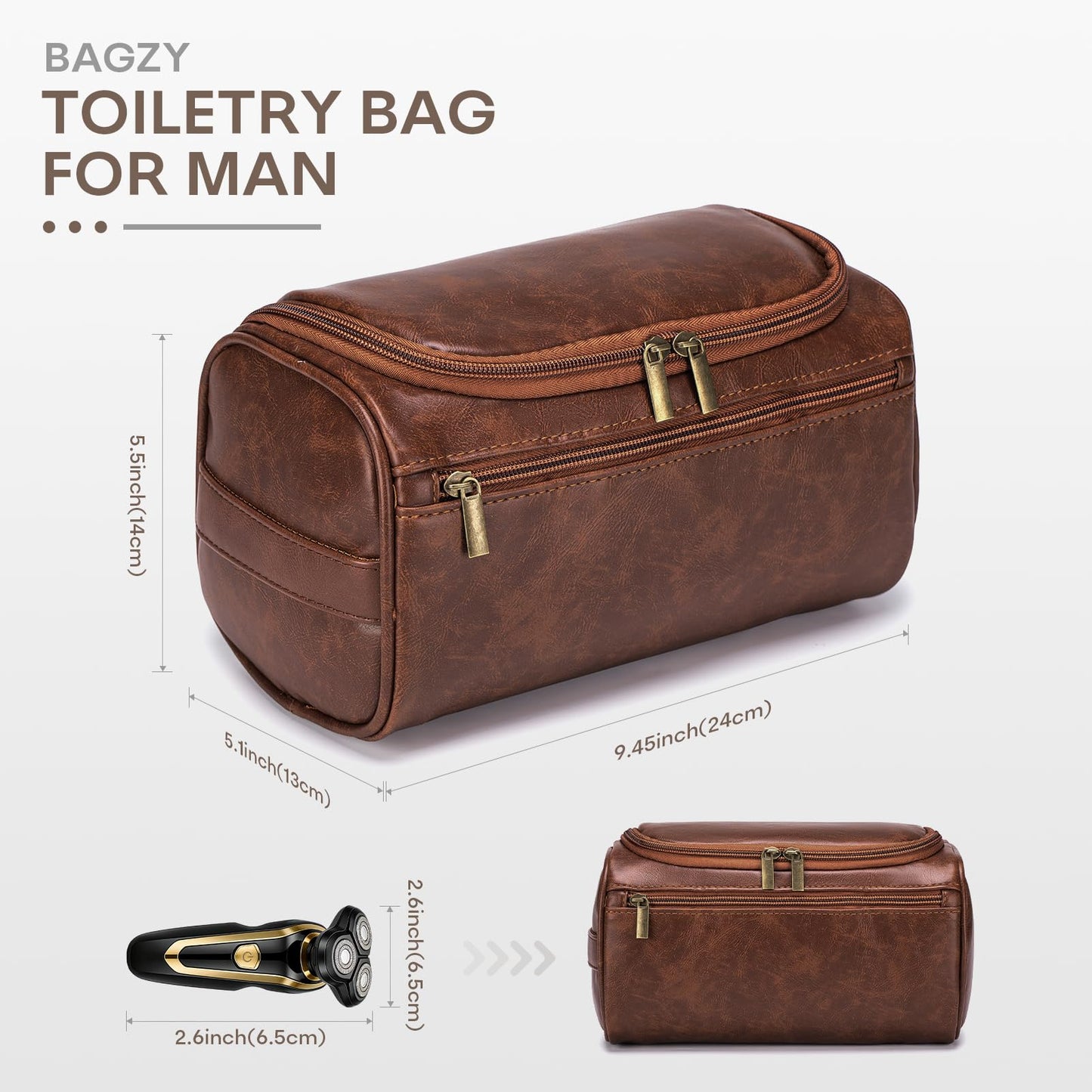 BAGZY Travel Toiletry Bag for Men, Hanging Hygiene Bag EDC Pouches Small Dopp Kit Water-resistant Mens Shaving Kit Bags PU Leather Toiletry Organizer for Travel Weekend Fitness Hospital Brown