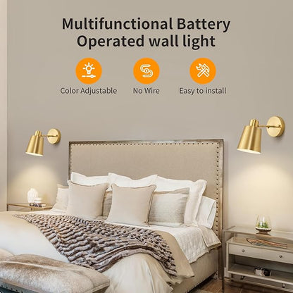 2 Pack Gold Wireless Battery Operated Wall Sconces, Dimmable Battery Powered Wall Decor Set of 2, Cordless Indoor Wall Light Lamp with Remote Control for Bedroom Living Room