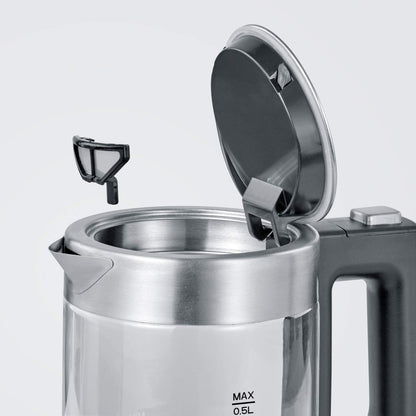 SEVERIN Mini Glass Kettle 0.5 L, Powerful and Compact in High-Quality Design, Electric Kettle with Limescale Filter, Stainless Steel/Black, WK 3472