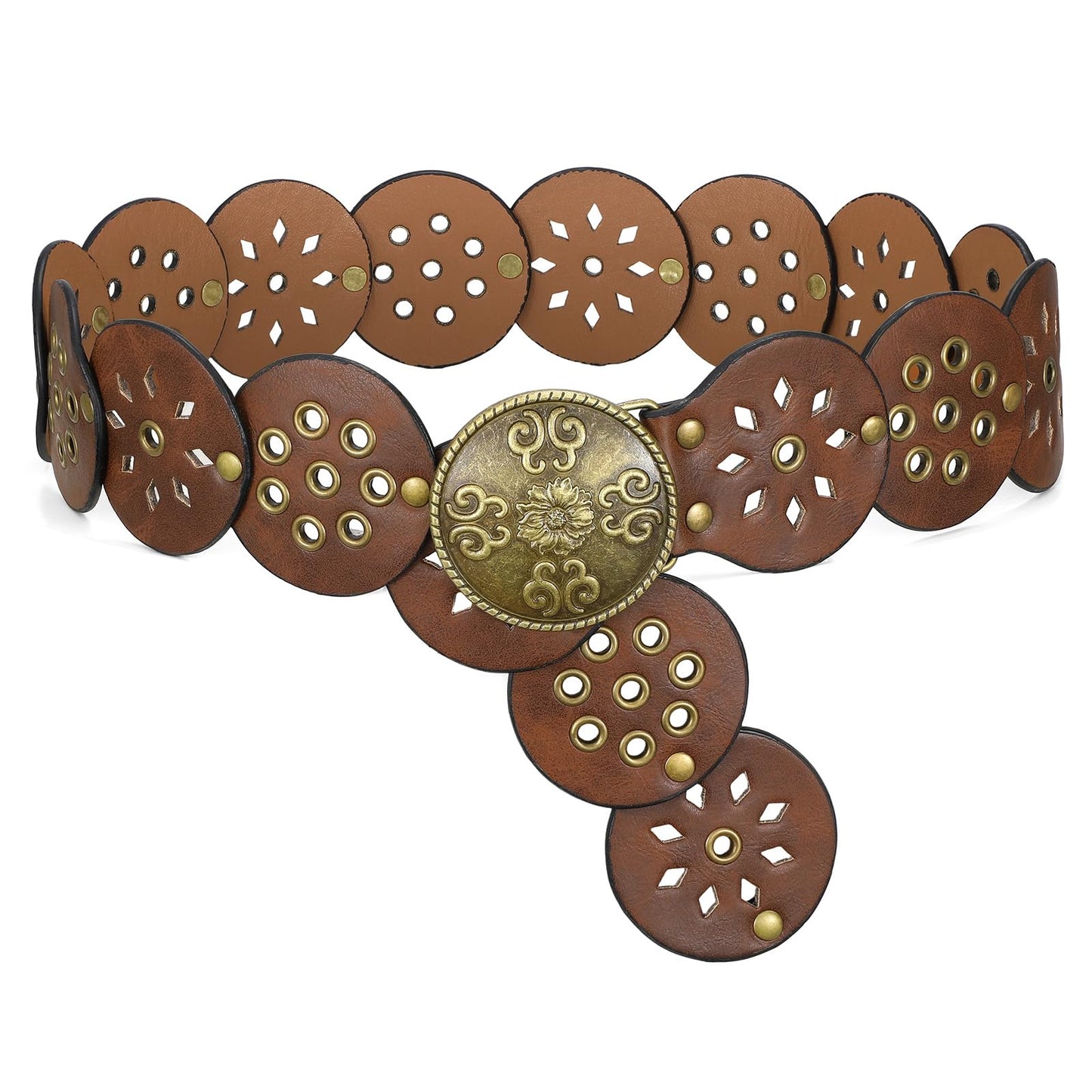 SANSTHS Vintage Disc Western Belts for Women, Wide Boho Concho Country Cowgirl Belts for Dress Jeans, Vintage Brown S