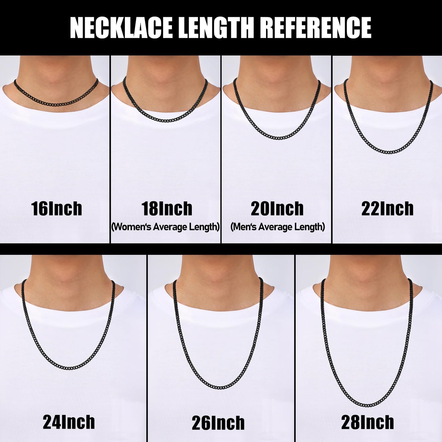 Fiusem 3.5mm Black Chain for Men, Black Cuban Link Chain Necklace for Men and Women, Stainless Steel Cuban Necklace 20 Inch