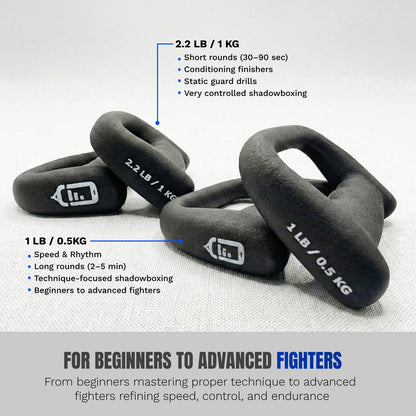 Shadowboxing Dumbbells Set (4 Weights) – 1lb & 2.2lb D-Shaped Knuckle Weights for Speed & Punching Power | Ergonomic Neoprene Hand Weights for Boxing, MMA, Running & Heavy Bag Training | App Compatible with PunchLab