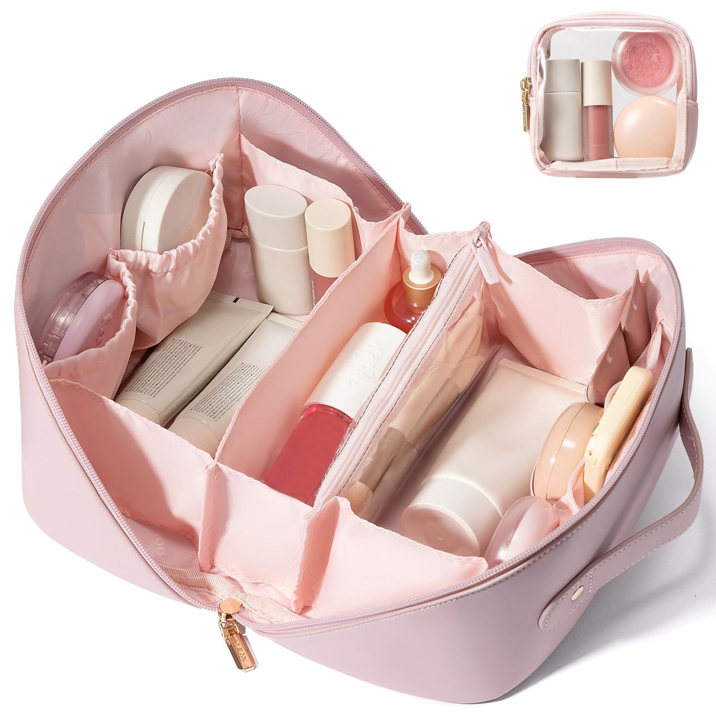 LOVEVOOK Travel Makeup Bag for Women, 2Pcs Large Capacity Cosmetic Organizer Bag, Waterproof PU Leather, Flat Open Portable Small Toiletry Pouch for Skincare, Brushes & Travel Essentials