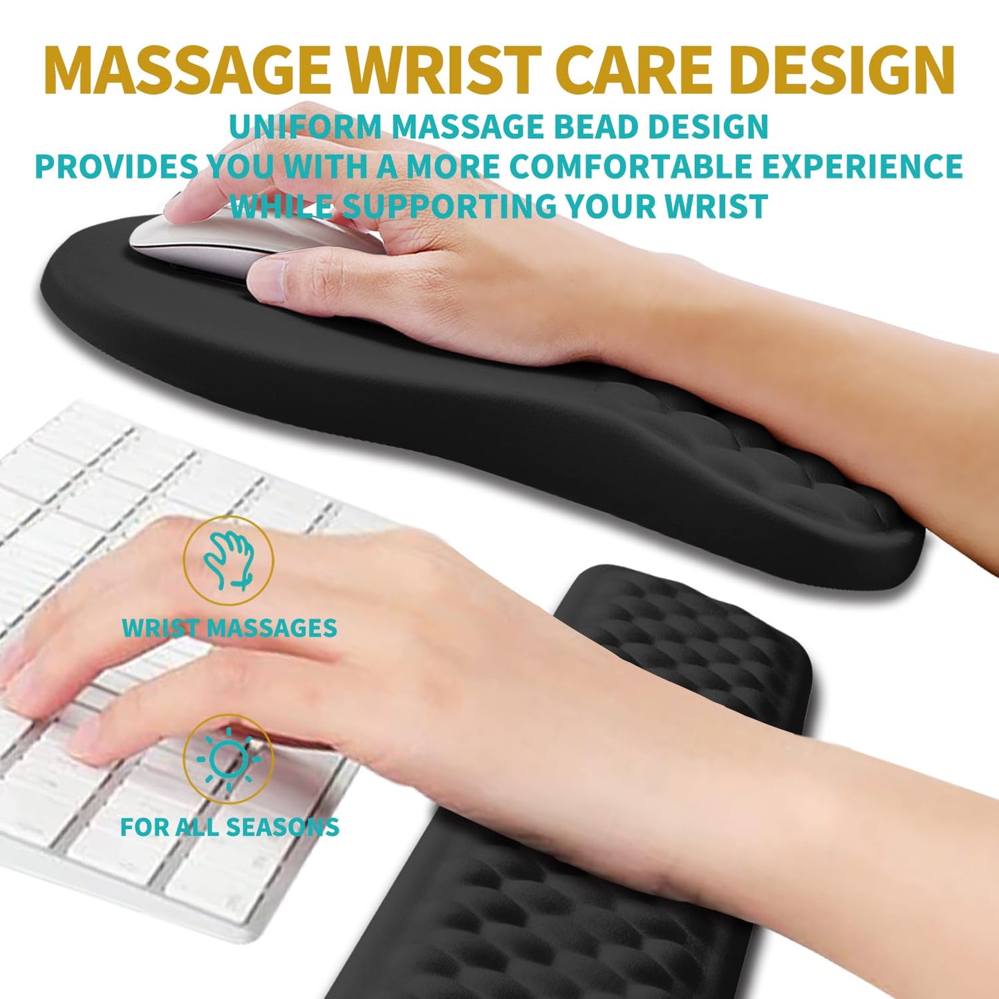 Hokafenle 2 in 1 Ergonomic Mouse Pad Wrist Support & Wrist Rest for Computer Keyboard Set, with Relieve Carpal Tunnel Pain Massage Bulge and Full Memory Gel Design (2In1 Set, Black)
