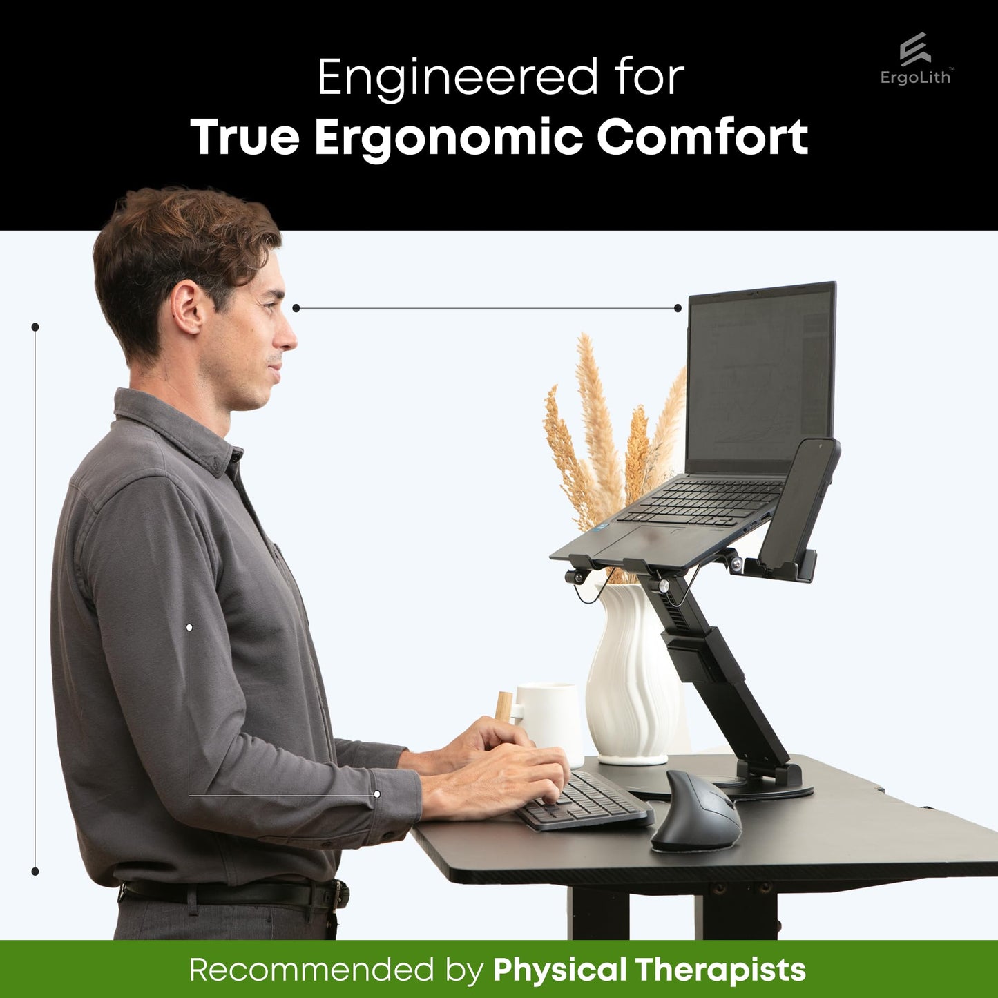 ErgoLith 3-in-1 Adjustable Laptop Stand, Book Stand, and Phone Holder - 360° Rotating Display for All Laptops - 2–21" Height for Ergonomics - Office Desk Accessories - Stylish - Patented - Sky Black