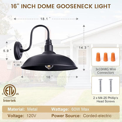 16 Inch Gooseneck Light Fixture for Barn Door, 2 Pack Large Barn Lights for Front Porch, Black Outdoor Farmhouse Light with Goose Neck Arm, Exterior Wall Dome Lighting for House Garage