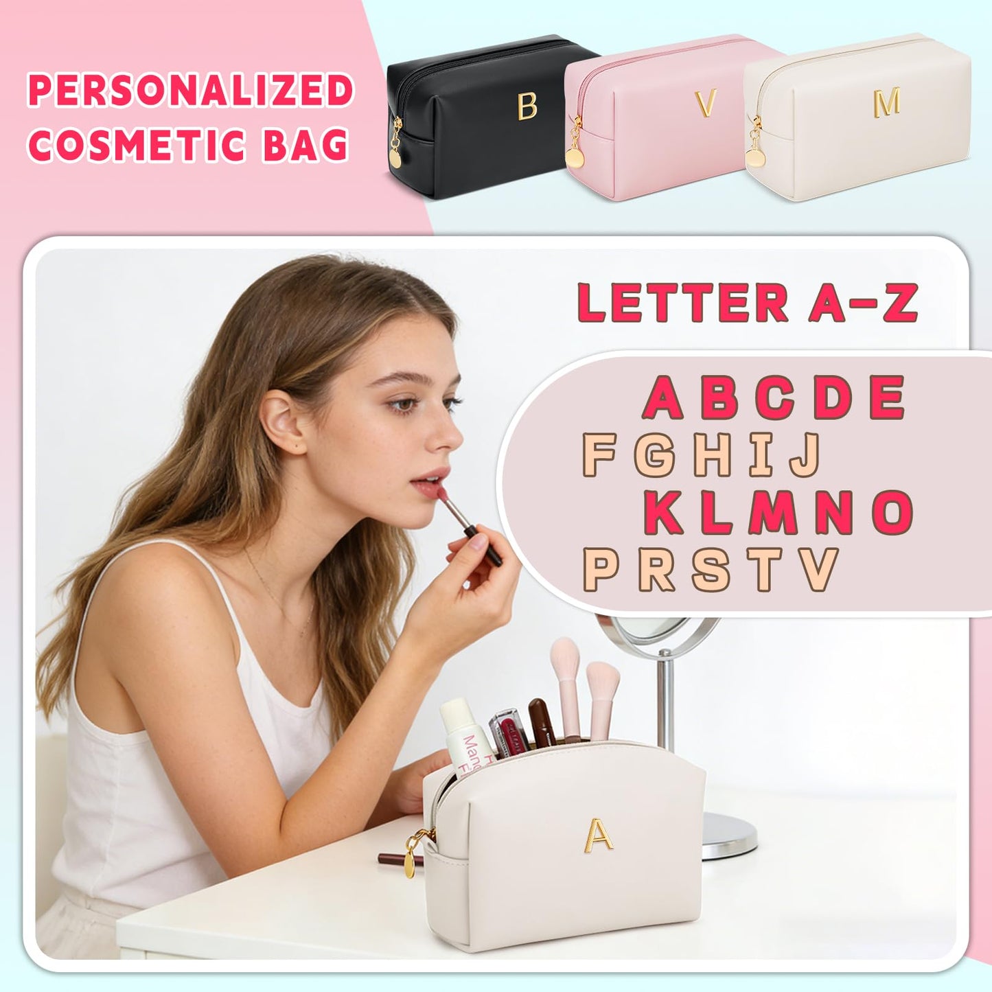 KKXIU Initial Makeup Bag for Women - Personalized Birthday Gifts Cosmetic Travel Toiletry Bag with Waterproof Soft PU Leather Customized Gifts for Friend Teacher Bridemaid (A, Beige)