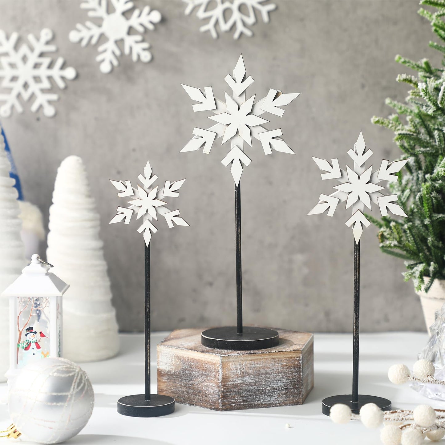 Soaoo 3 Pcs Winter Snowflake Decorations Wooden Snowflakes Table Centerpieces Tall Standing White Winter Snow Wonderland Wood Block Sign for Tabletop Shelf Mantel Home Tiered Tray Decor(Fresh)