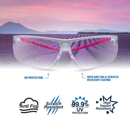GE Safety Glasses - Scratch-Resistant Durability, Clear Protective Lenses, UV Shielding, Eye Protection, Outdoor, Indoor, Labs & Construction Safety Work Glasses for Men and Women - White/Pink
