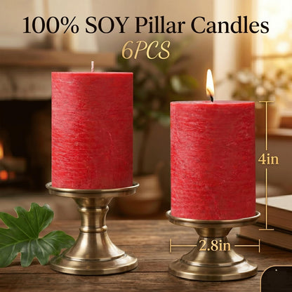 Red Rustic Pillar Candles 6 Pack, 2.8" x 4" Soy Wax Candles, Up to 55 Hours Burn Time, Smokeless Unscented Farmhouse Candles for Home Decor, Wedding & Emergency Use