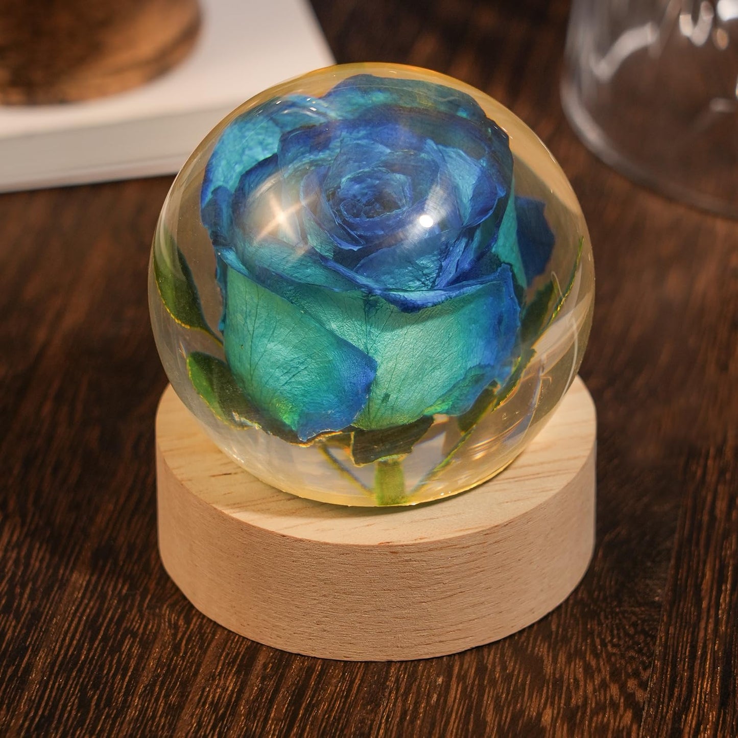 QNCMBUG Blue Rose Crystal Ball Night Light - Real Rose Encased in Glowing Resin Ball, USB-Powered Desk Lamp with Wood Base, Unique Gift for Valentine's Day, Mother's Day & Home Decor