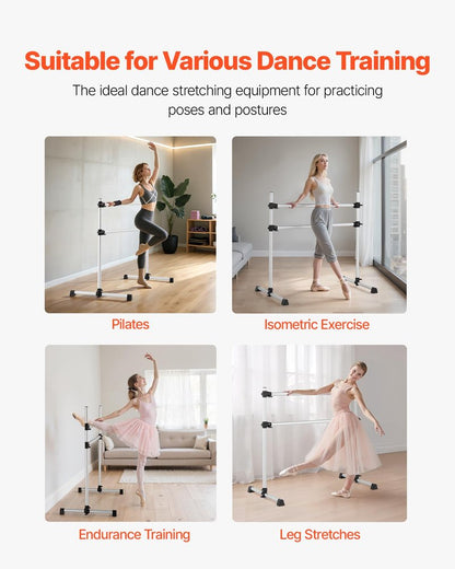 VEVOR Ballet Barre, 4 Ft Aluminum Double Barre Bar for Home, Freestanding Portable Ballet Stretching Dance Bars, Height Adjustable Anti-Wobble Fitness Studio Equipment, for Pilates Balance Workout