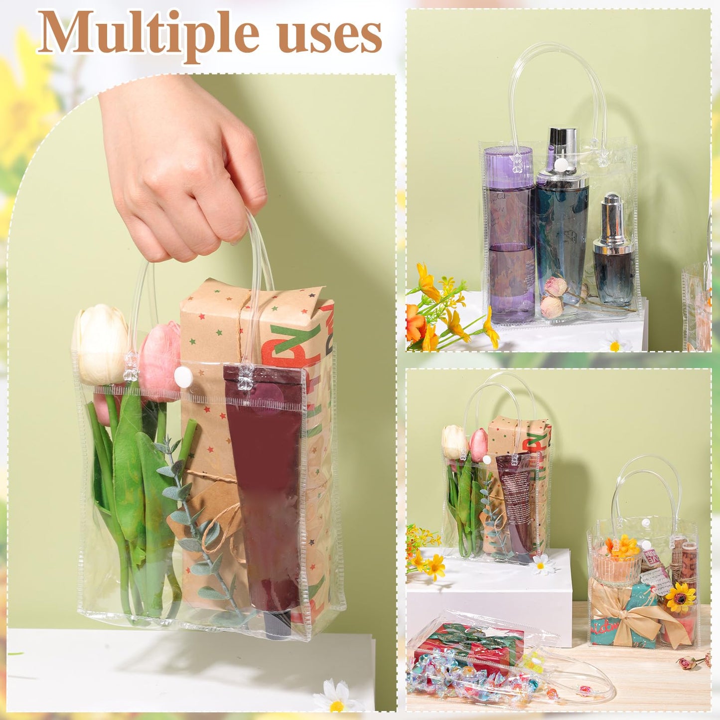 BESARME 60 Pack Clear Gift Bags with Handle, 6.3" x 5.9" x 2.8" Clear Bag Bulk Small Reusable Plastic Bag Gift Wrap Tote Bags for Graduation Wedding Baby Shower Birthday Party Favors