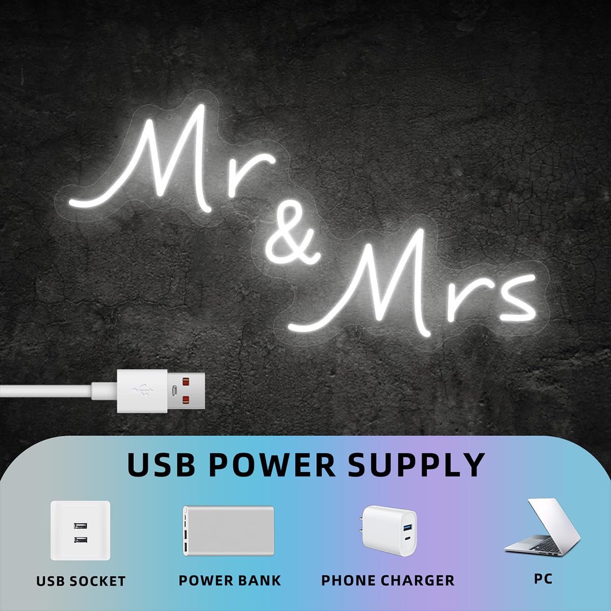 Mr and Mrs Neon Sign for Wedding Party Decor,Mr & Mrs Sign Anniversary Backdrop Decorations Gift for Reception, Newlywed Gift 16.5 x 8.6 inch