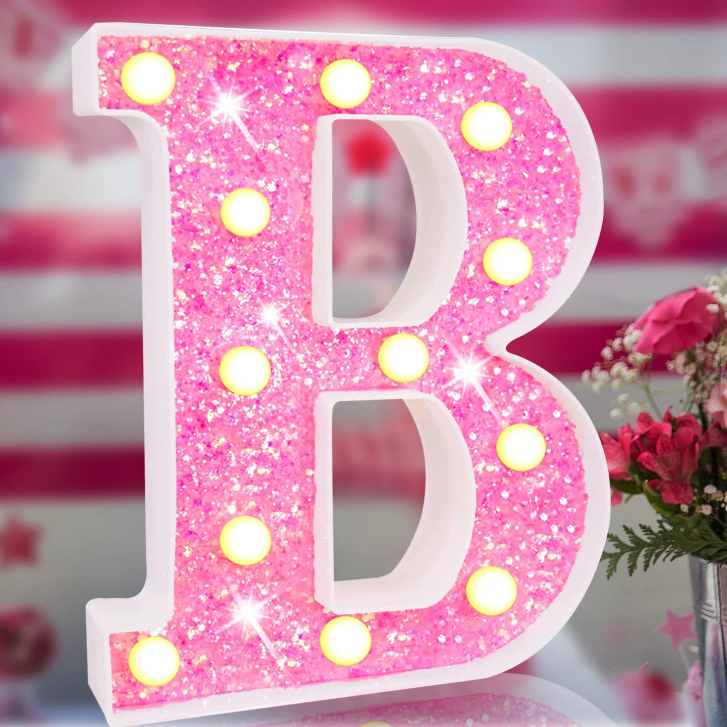 Light Up Letters, Glitter Alphabet Letter Sign Pink LED Marquee Letter Lights Battery Powered for Night Light Girls Bedroom Birthday Party Wedding Home Christmas Decorations Gift for Her-Pink B