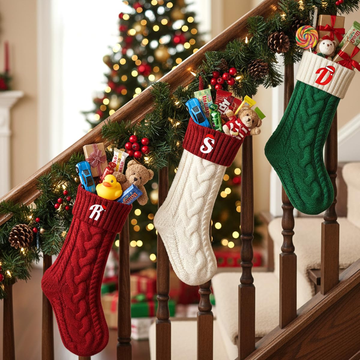 Ulico 18’’ Large Christmas Stockings with Initials, Embroidered Monogram Knit Letter Stocking,Xmas Stocking for Kids, Holiday and Family Stocking for Fireplace or Party Decoration,Green White L