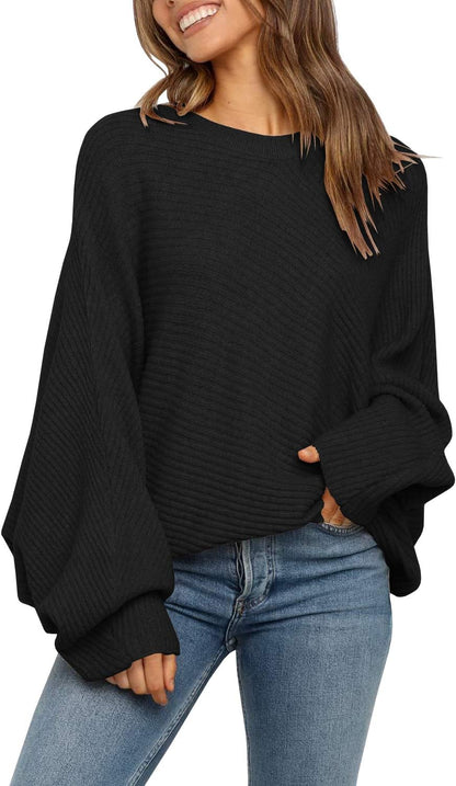 Mafulus Women's Oversized Crewneck Sweater Batwing Puff Long Sleeve Cable Slouchy Pullover Jumper Tops