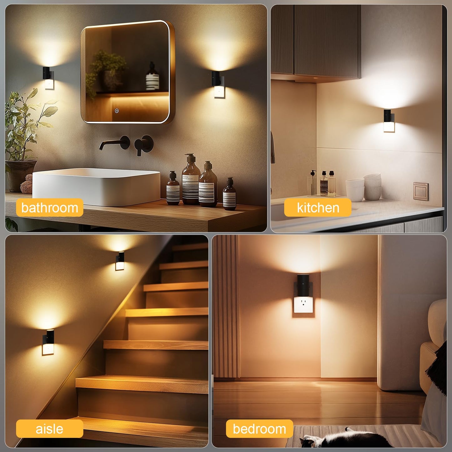 VOLISUN Night Lights Plug into Wall, Dimmable LED Nightlight with Dusk to Dawn Light Sensor, 0-100LM Adjustable Brightness, 3 Color Temperatures, Smaller Plug Black 2 Pack for Hallway,Bedroom,Bathroom