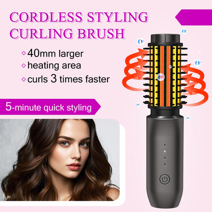 Cordless Hair Curling Iron Brush, Travel Curl Brush, 3-in-1 Portable Curling Iron Cordless, Plasma Thermal Hair Brush, 7000mAh USB Rechargeable Curlings Wand, Mini Hot Curlings Brush-Blush Pink