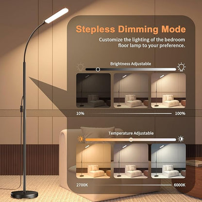 Floor Lamp, Bright 18W LED Standing Lamps for Living Room, Remote Stepless Adjustable Color and Brightness Dimmable with ON/Off Switch, Gooseneck Reading Lights for Bedroom Office, 1300LM Black