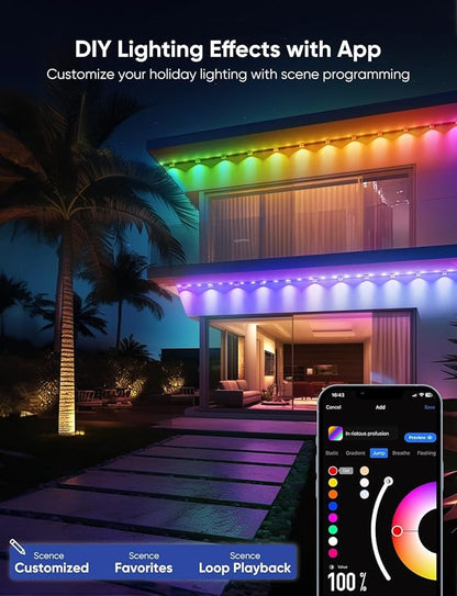 APPECK Permanent Outdoor Lights Pro 150ft, 108W RGBCW Eaves Lights with 108 LED Lights, 80lm, Cuttable, 111 Scene Modes, IP67 Waterproof Lighting for Halloween Decoration, Work with Alexa, White