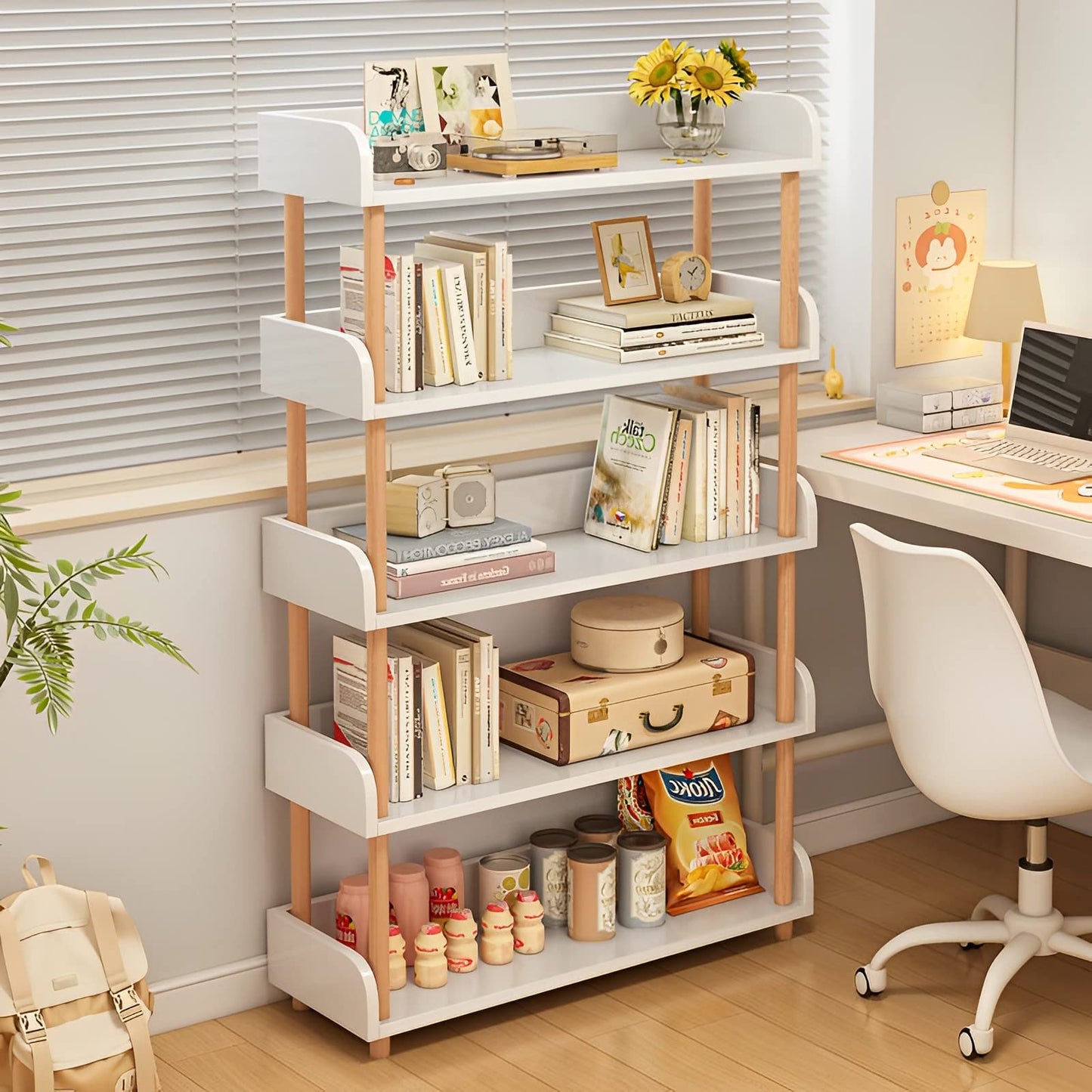 OSCHF 5-Tier Wooden Open Bookcase - Modern Display Bookshelf with Top Edge and Solid Wood Frame for Home and Office, Storage Cabinet, Warm White
