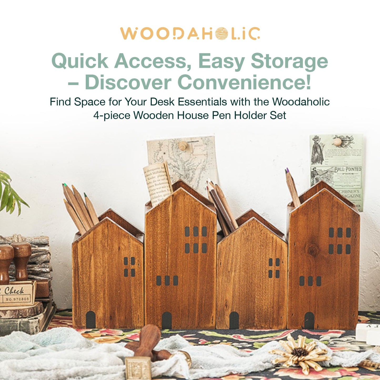 Woodaholic 4-piece Kids Wooden Study Desk Organizers - Whimsical Farmhouse Style Table Decor Storage Box for Teacher Supplies - Girls Room Pencil Holder for Desk - Art & Stationery Supplies Organizer