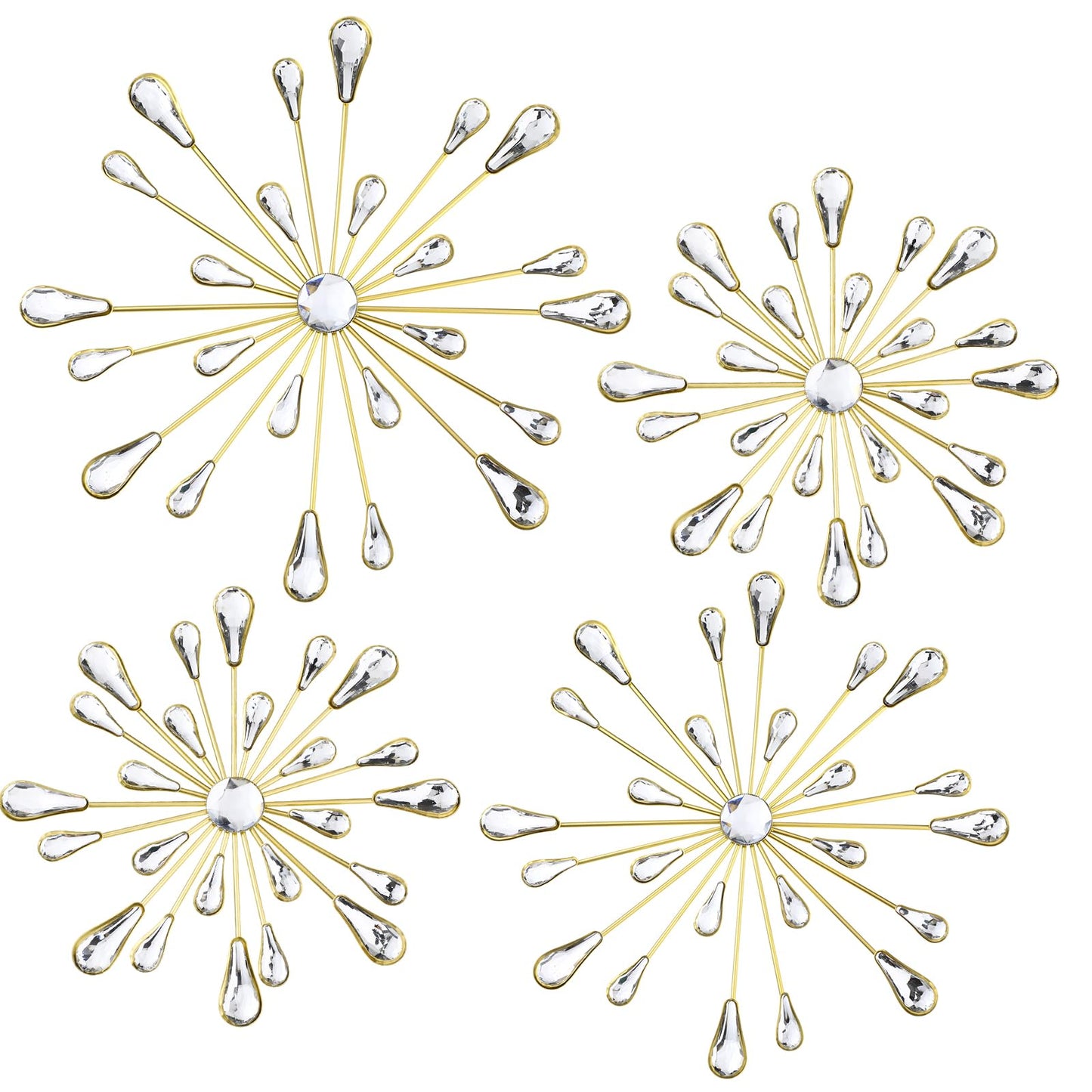 Hicarer 4 Pcs Starburst Wall Decor Bling Wall Art Crystal Teardrop 3D Hanging Rhinestone Radial Metal Artwork Modern Accent Sculptures Decorations for Living Room Home Office Bedroom(Gold)
