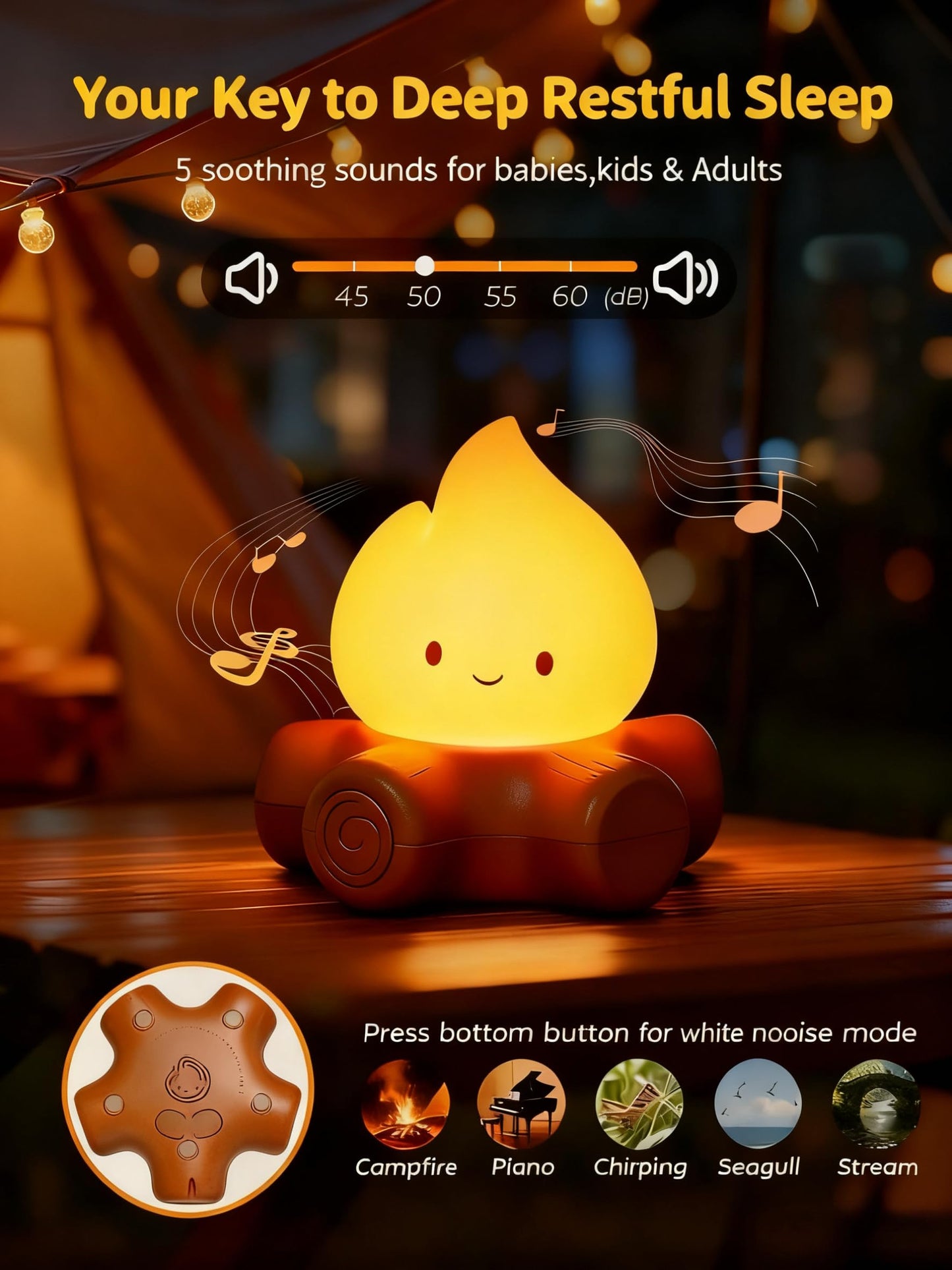 Tarinks 3 Pcs Campfire Night Light, Rechargeable Flame Lamp with 5 White Noise, Dimmable Flameless Candles Lights, Portable LED Ambiance Light for Camping Indoor Outdoor Holiday Decor Gifts