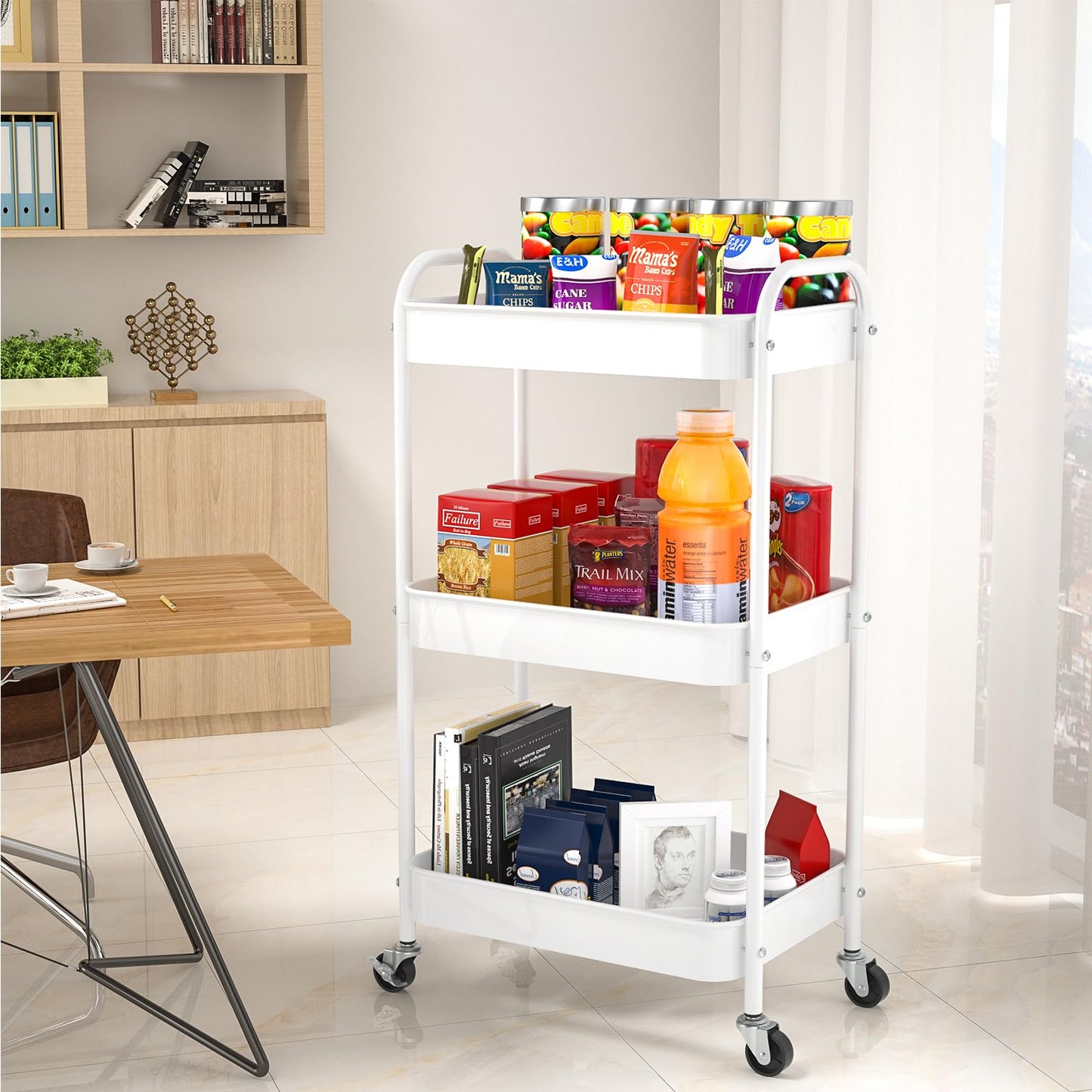 PNVXNUS 3-Tier Rolling Metal Storage Cart with Wheels, Multi-Functional Organizer for Office, Kitchen, Bathroom, Books Diapers - Easy Assembly (White)